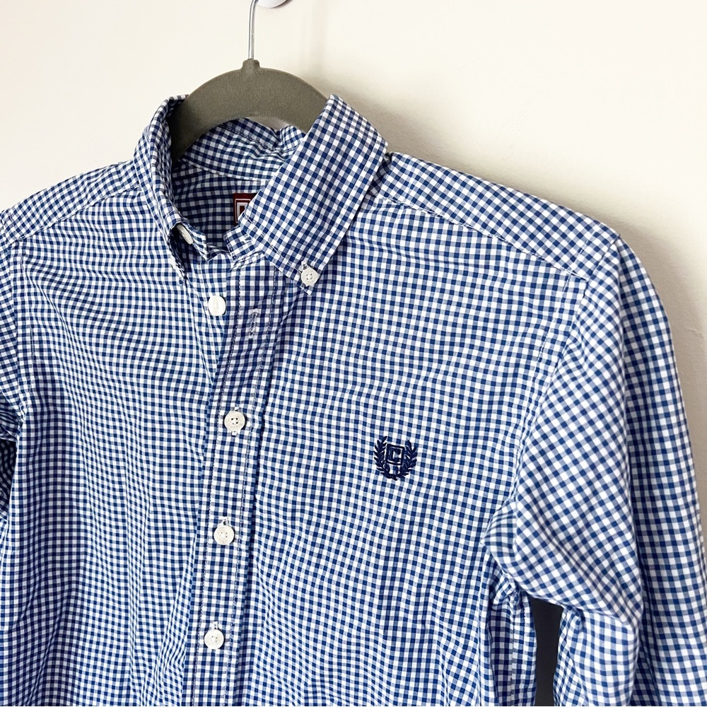 Chaps Gingham Button Down Dress Shirt Navy Blue White Big Boy Small 8 - Picture 2 of 7
